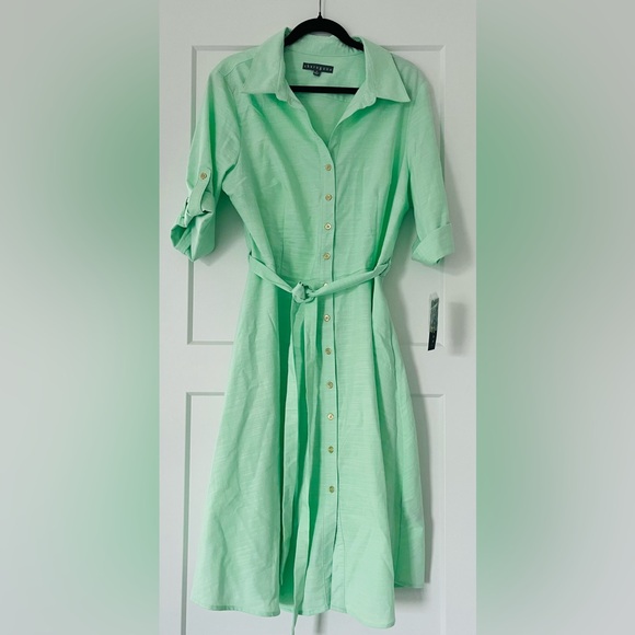NWT Sharagano Mint Green Belted Midi Button Down Swing Dress, Size 16 - Picture 2 of 12